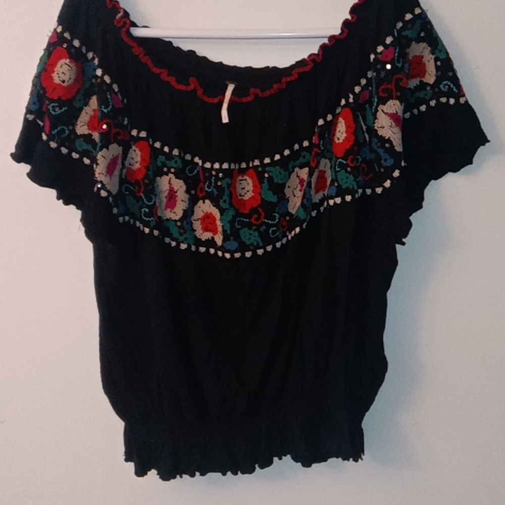 Free People Embroidered Off-the-Shoulder Peasant Top Prairie Black sz Small